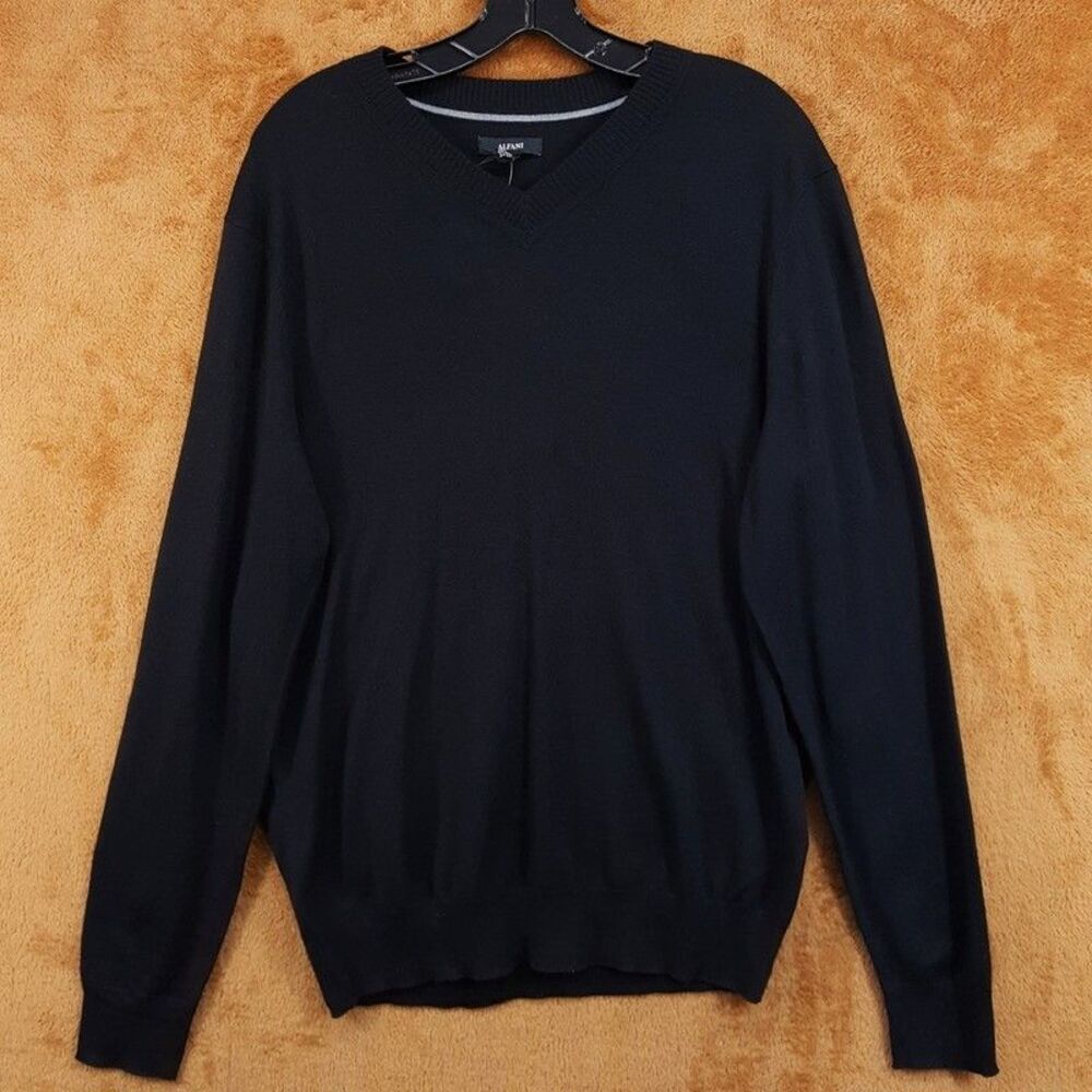 ALFANI Sweater Mens Medium Black Pullover V-Neck Extra Fine Merino Wool Knit